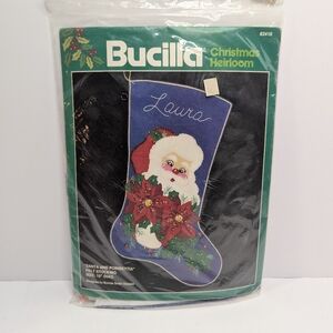 Vintage BUCILLA Santa & Poinsettia Stocking Kit 82418 Christmas